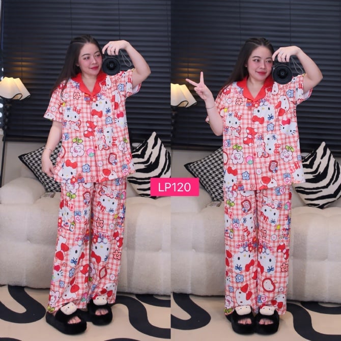 Kitty pizama set long pant short sleeve(free size)
