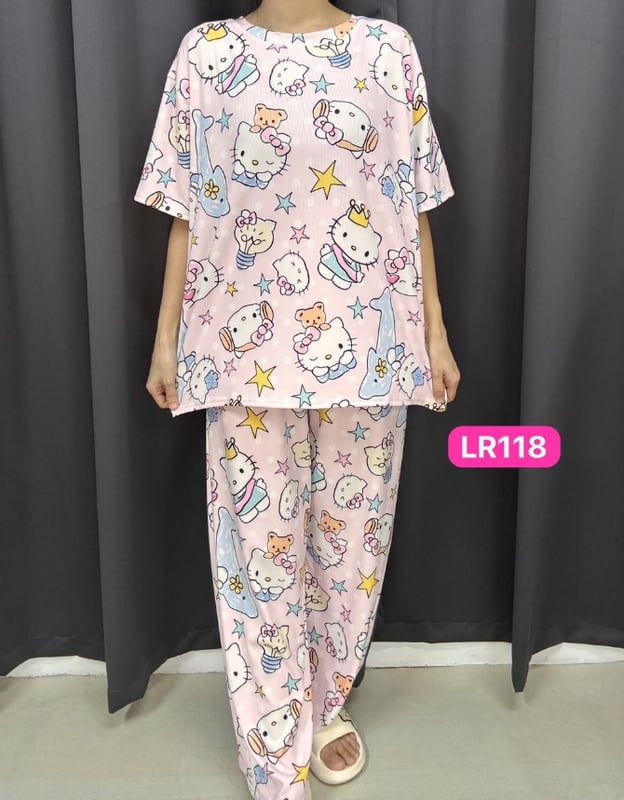 kitty pink set  round neck long pant short sleeve(free size)